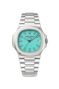 Luxury stainless steel watch with a bold turquoise dial and timeless design.