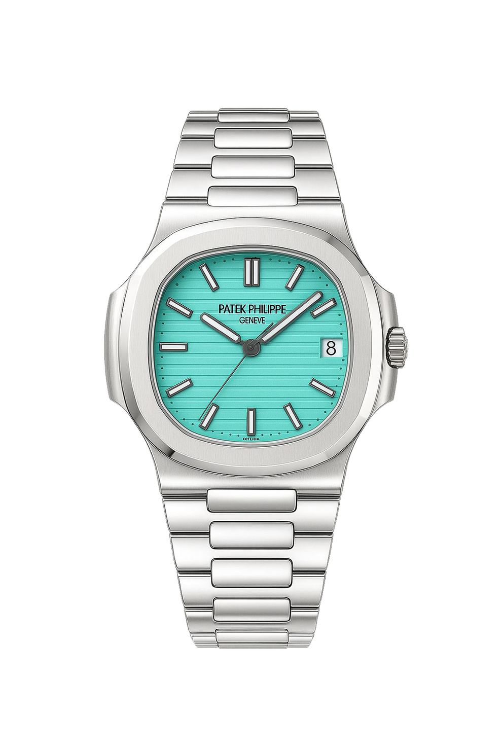 Luxury stainless steel watch with a bold turquoise dial and timeless design.