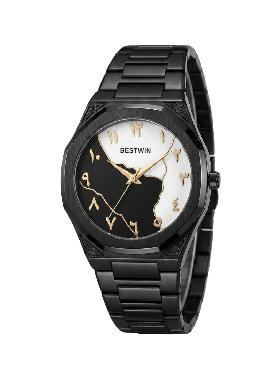 Bestwin Black & White Map Dial Luxury Watch - Arabic Numerals & All-Black Steel