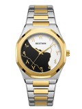 Bestwin Luxury Two-Tone Arabic Dial Watch - Black & White Map Face with Gold Accents