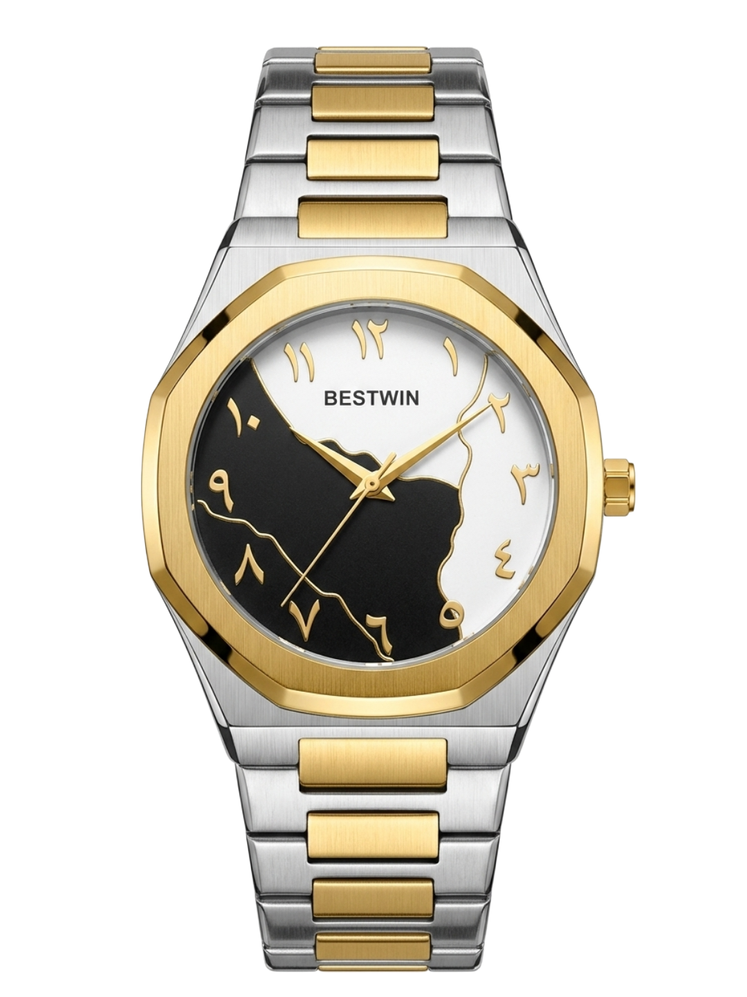 Bestwin Luxury Two-Tone Arabic Dial Watch - Black & White Map Face with Gold Accents