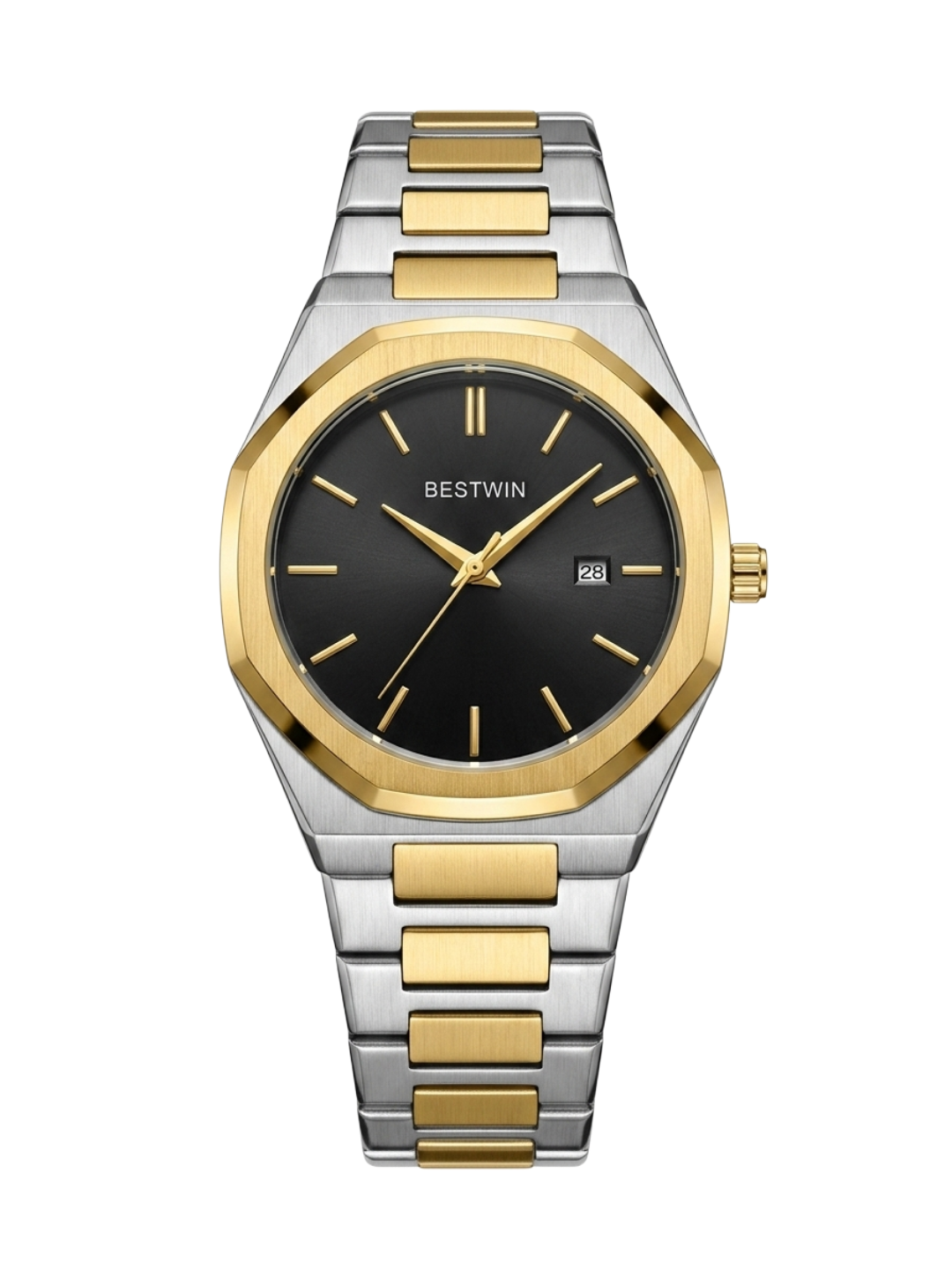 Bestwin Luxury Octagonal Quartz Watch - Two-Tone Gold & Silver with Black Dial