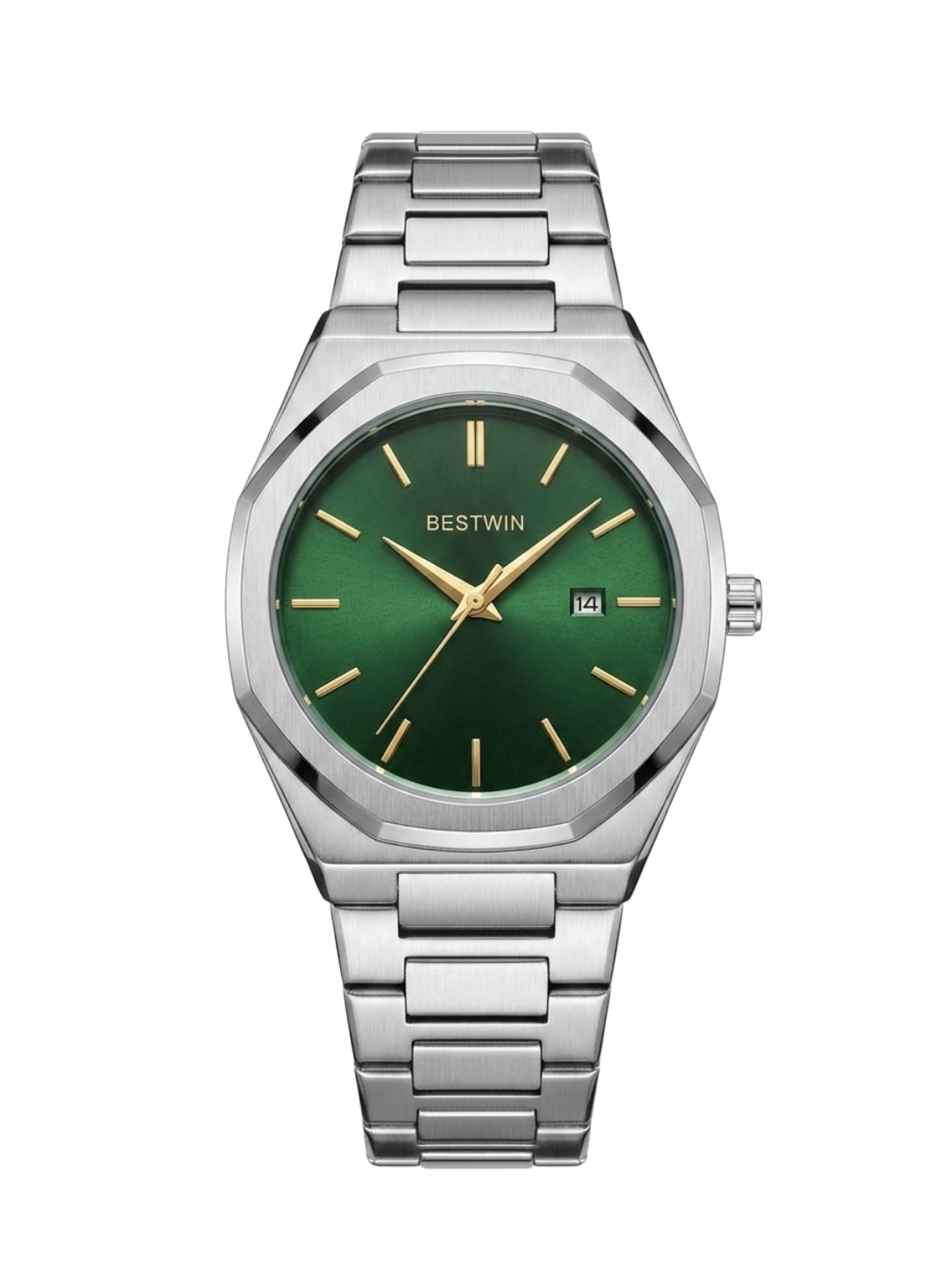 Bestwin Luxury Octagonal Watch - Sunray Emerald Green Dial & Silver Steel