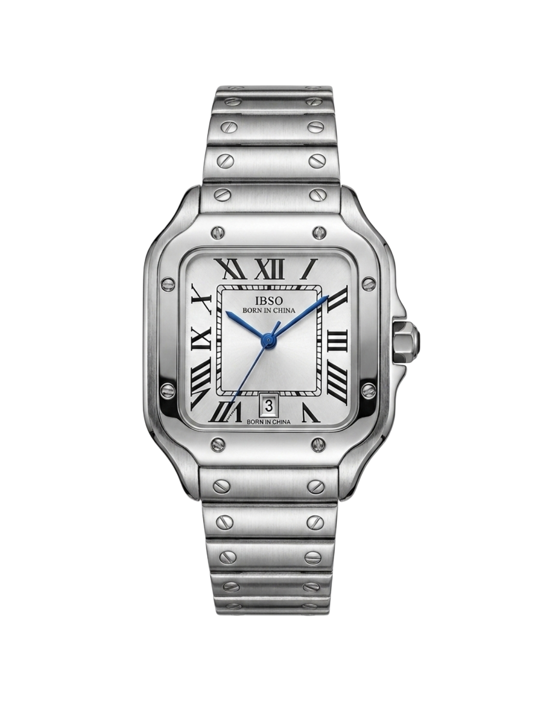 IBSO Luxury Santos Edition Watch - Square Roman Dial Silver Stainless Steel for Men