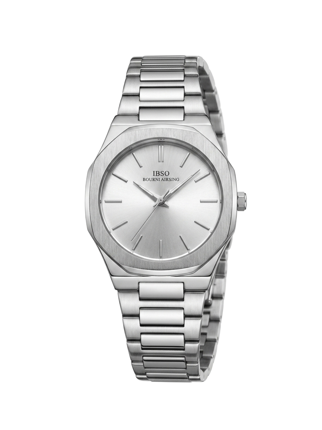 IBSO Minimalist Silver Sunray Watch - Slim Octagonal Stainless Steel Men's Wristwatch