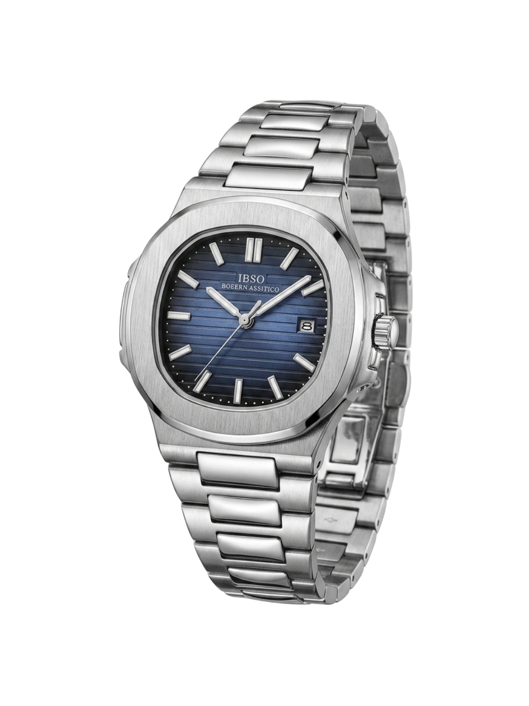 IBSO Men's Luxury Blue Dial Watch - Silver Stainless Steel Nautilus Style