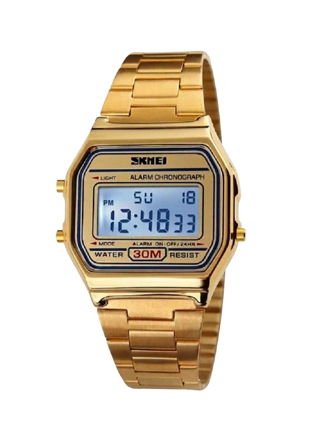 SKMEI Classic Gold Digital Watch for Men - Waterproof Retro Stainless Steel Wristwatch with Blue Backlight