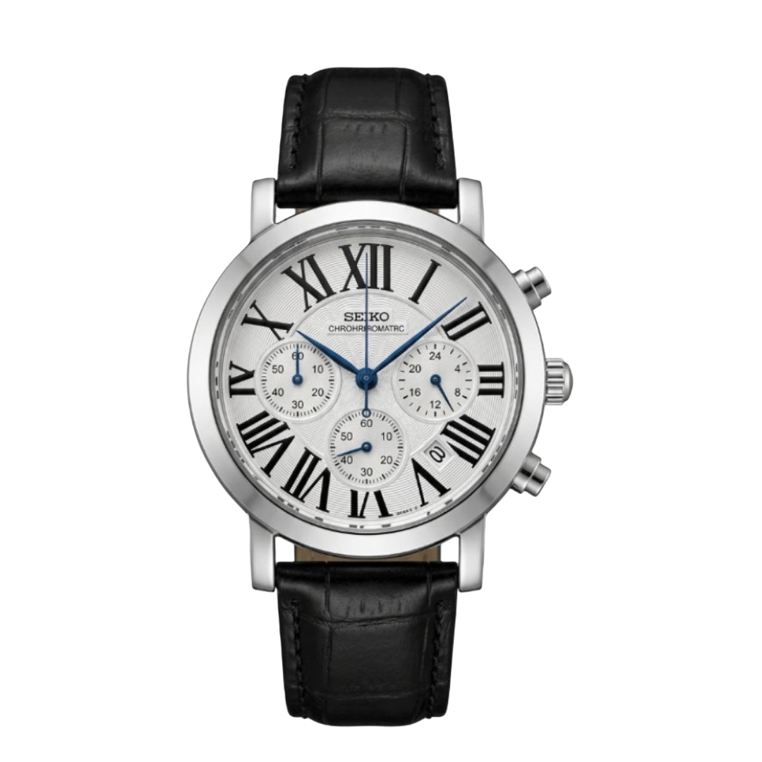 Seiko Chronograph Men's Watch - White Roman Dial with Black Leather Strap