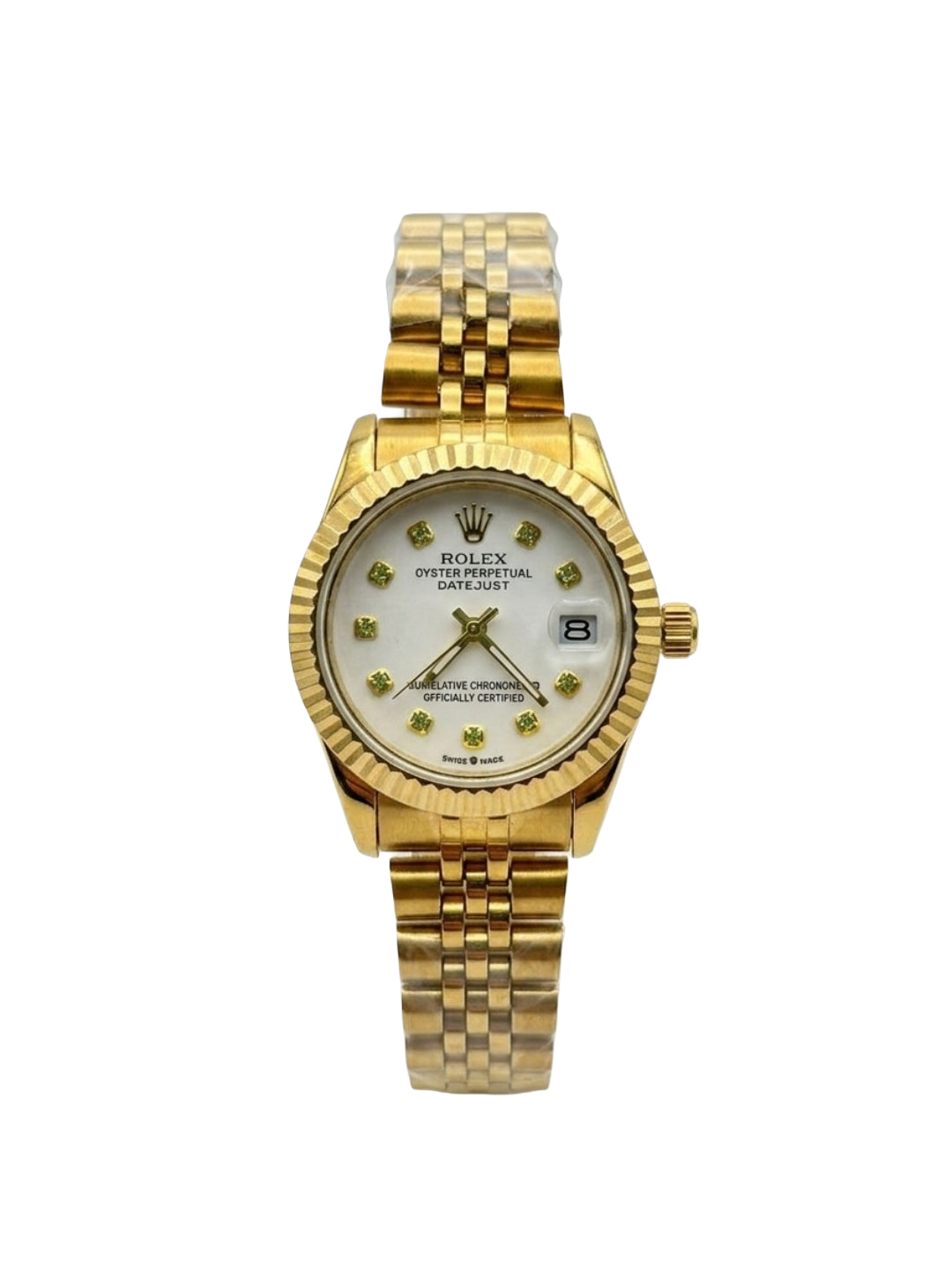 Luxury Lady-Datejust Style Watch – Gold Color with White Dial & Emerald Green Markers