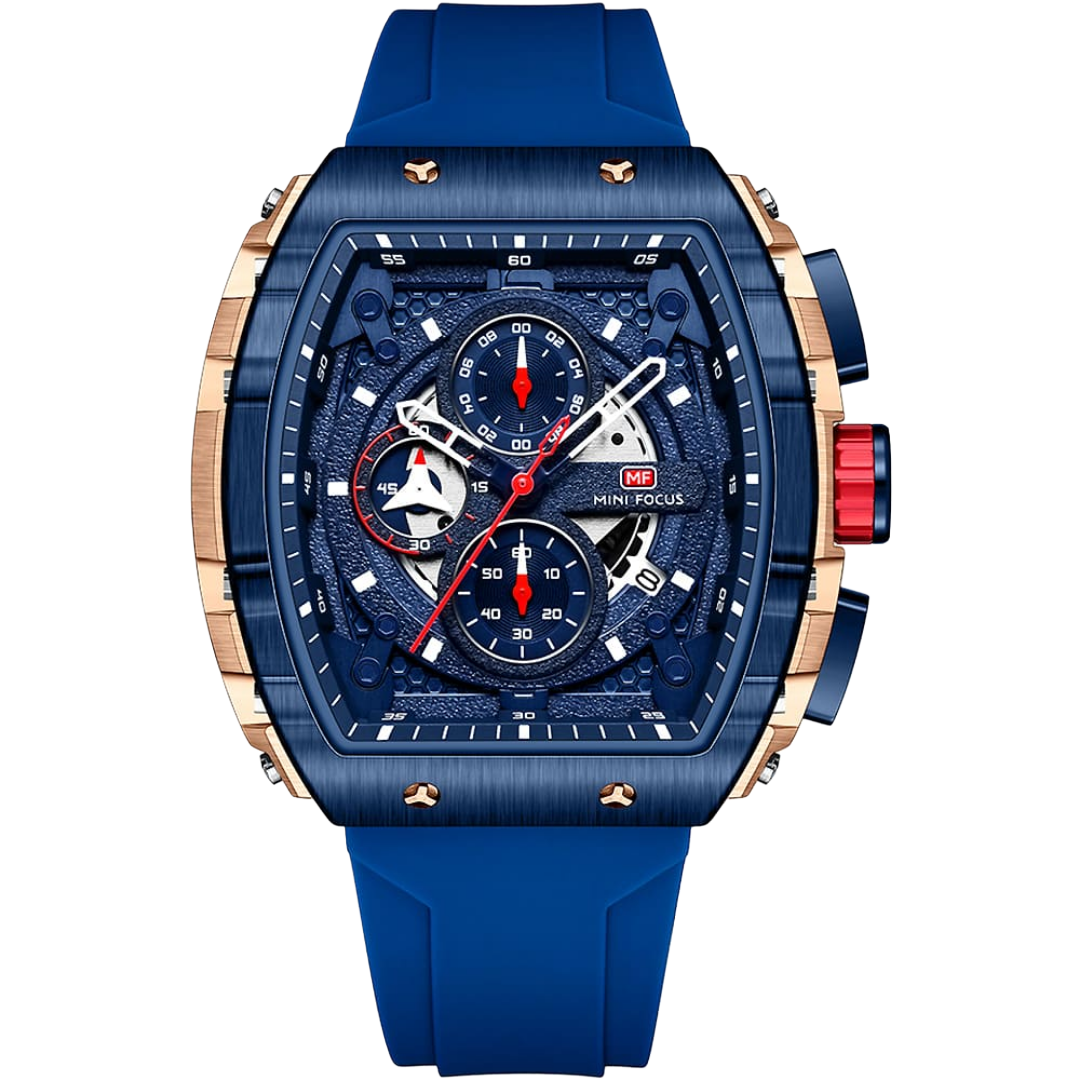 Mini Focus Men’s Luxury Watch - Royal Blue Silicone Strap & Rose Gold Tonneau Case Chronograph