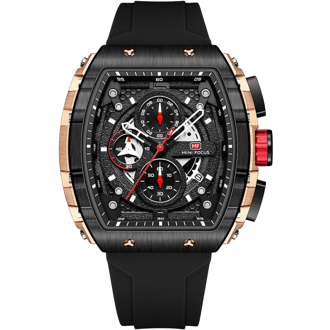 Mini Focus Men’s Luxury Watch - Black Silicone Strap & Rose Gold Tonneau Case Chronograph