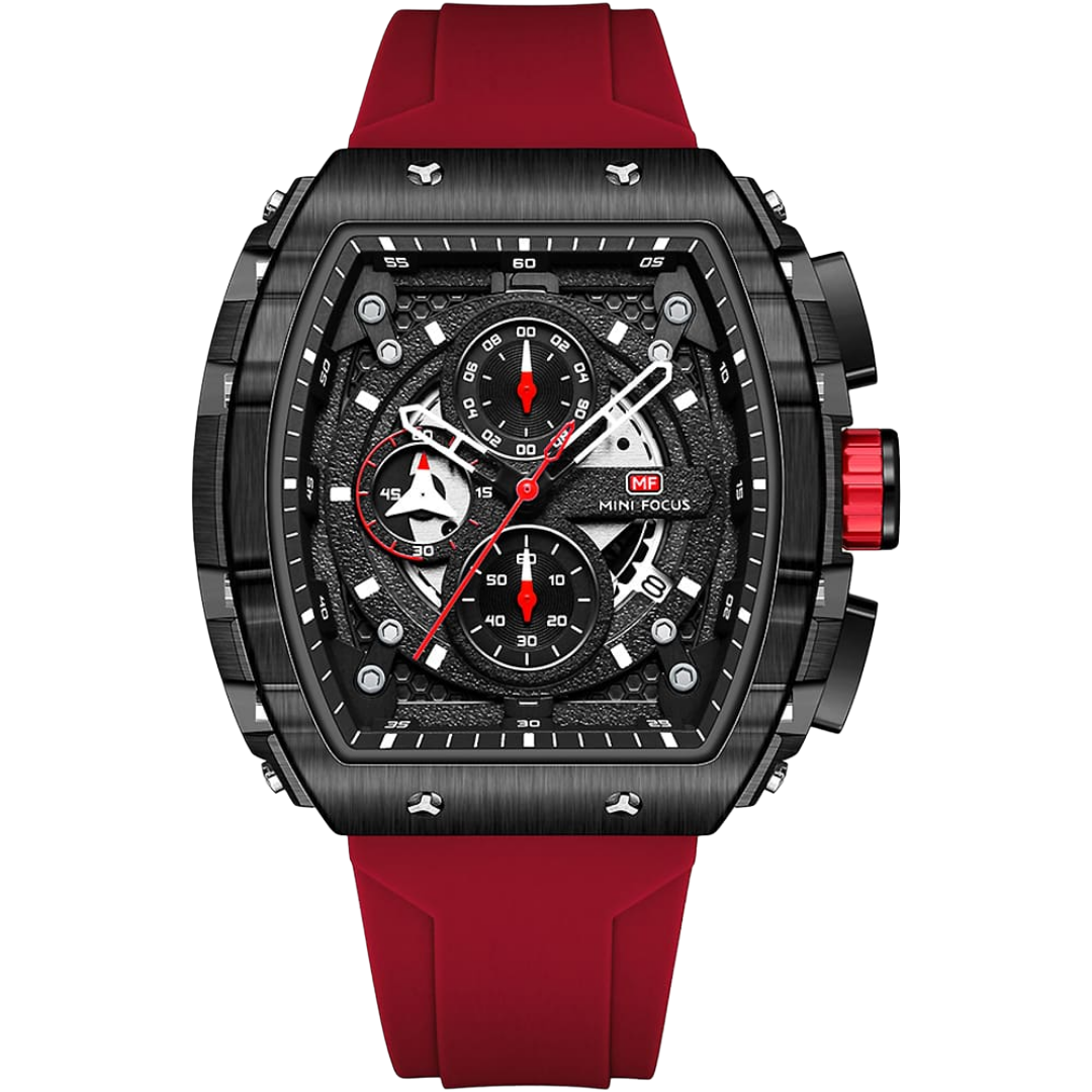 Mini Focus Men's Quartz Watch - Luxury Tonneau Design with Red Silicone Strap & Chronograph