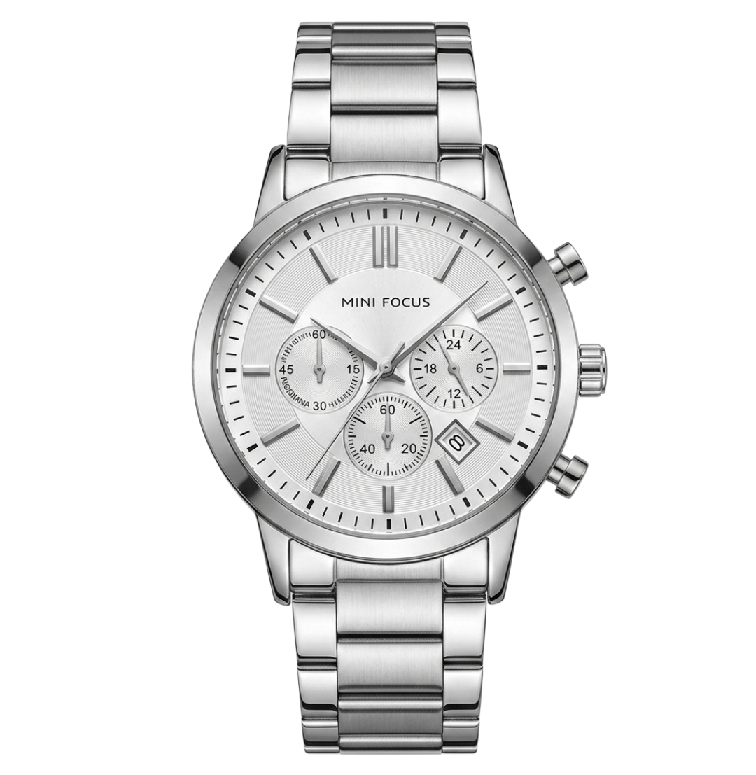Mini Focus Men's Silver Stainless Steel Chronograph Watch - Luxury Quartz Wristwatch with Date Display