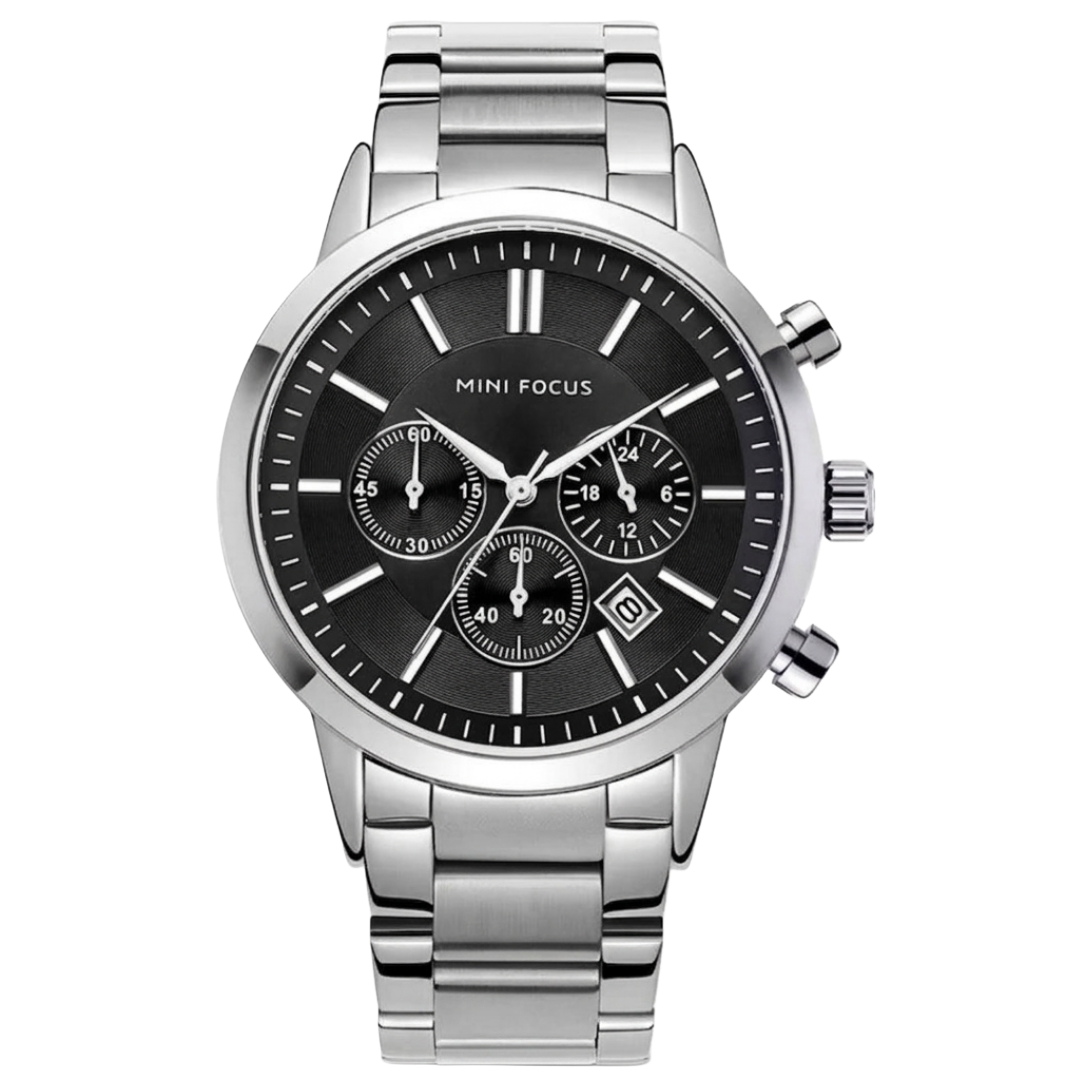 Mini Focus Men's Silver Stainless Steel Chronograph Watch - Luxury Business Wristwatch with Black Dial and Date