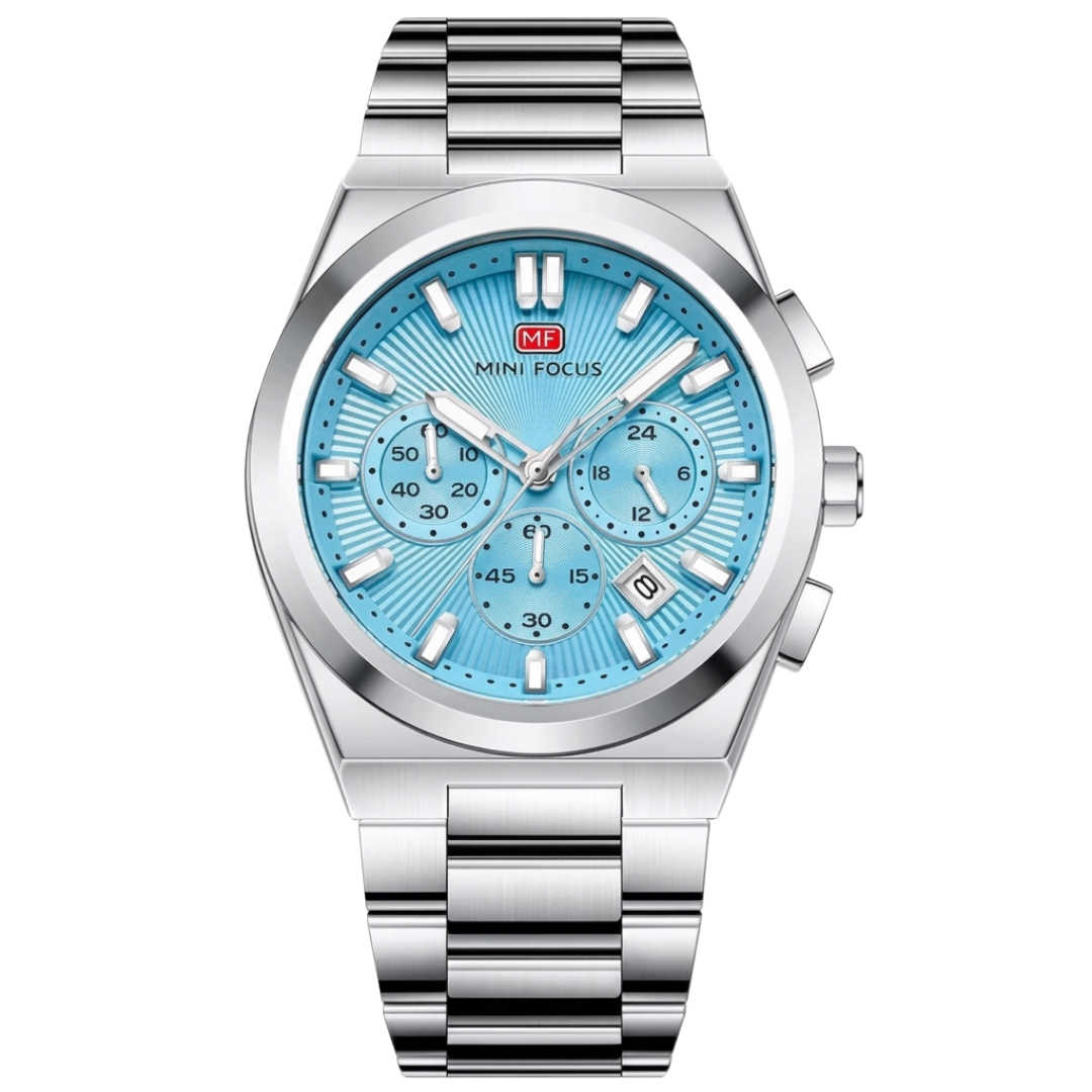 Mini Focus Men's Luxury Sky Blue Watch - Silver Stainless Steel Chronograph
