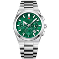 Mini Focus Men's Luxury Emerald Green Watch - Silver Stainless Steel Chronograph with Integrated Bracelet