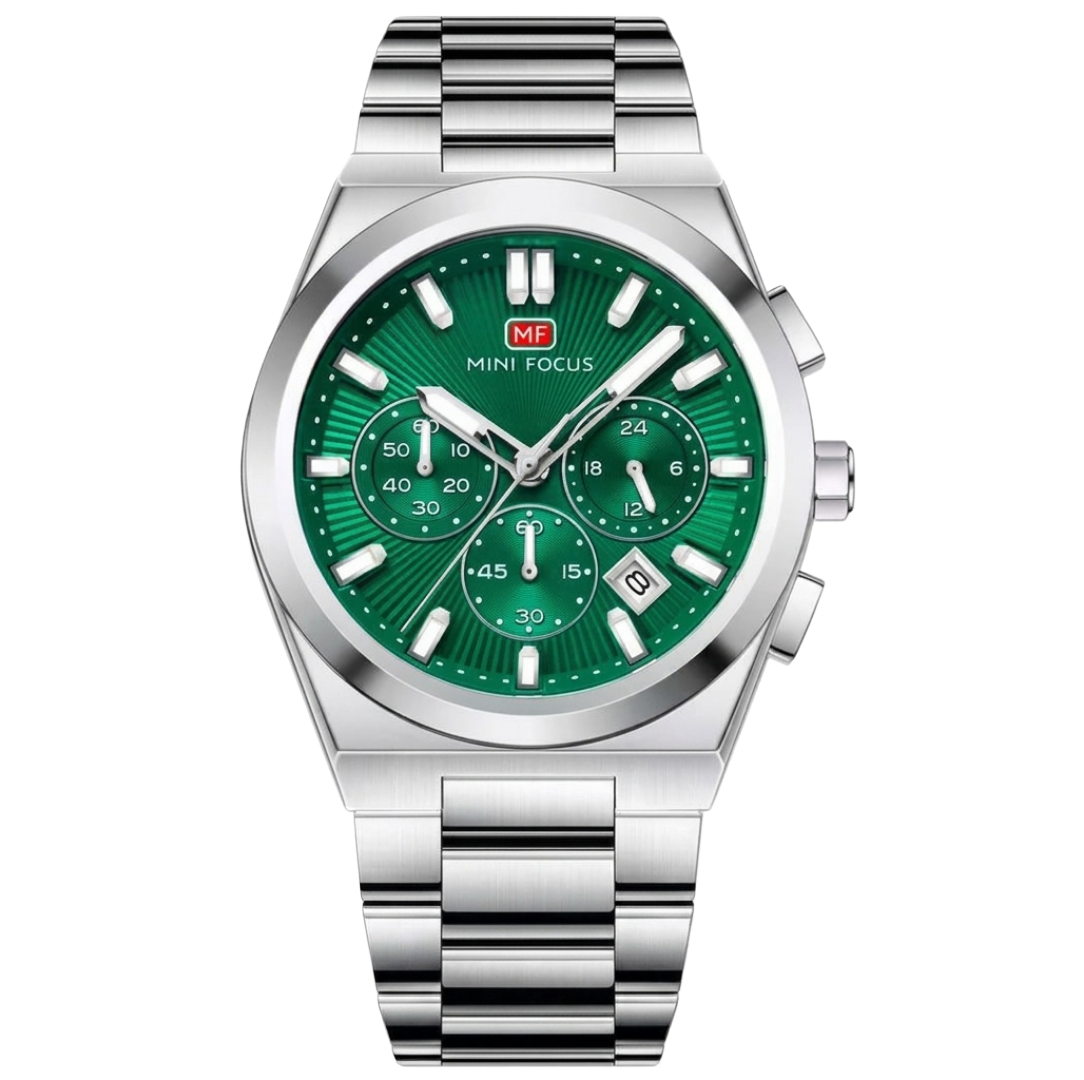 Mini Focus Men's Luxury Emerald Green Watch - Silver Stainless Steel Chronograph with Integrated Bracelet