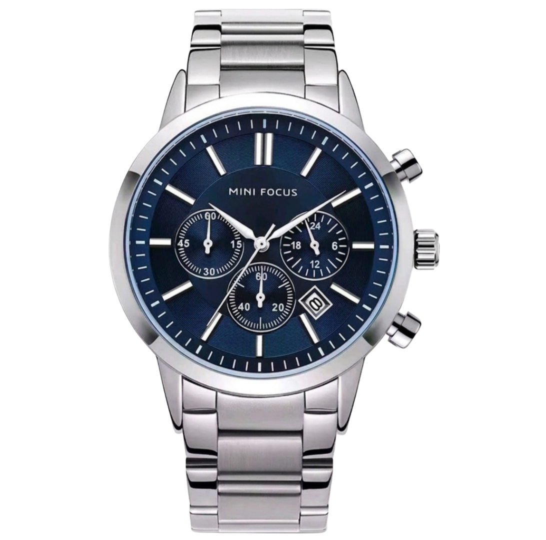 Mini Focus Men's Luxury Blue Dial Watch - Silver Stainless Steel Chronograph with Date Display