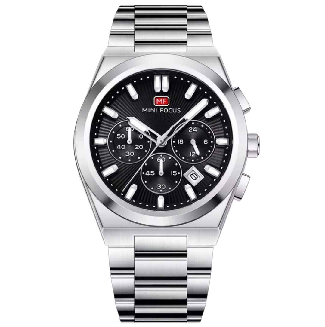 Mini Focus Men's Executive Black Watch - Silver Stainless Steel Chronograph