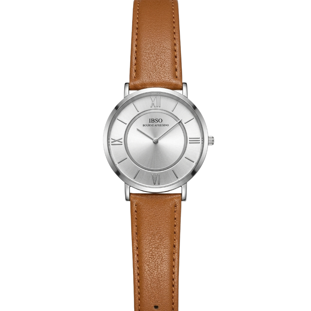 Minimalist Men's Quartz Watch – Silver Sunray Dial & Brown Leather Strap