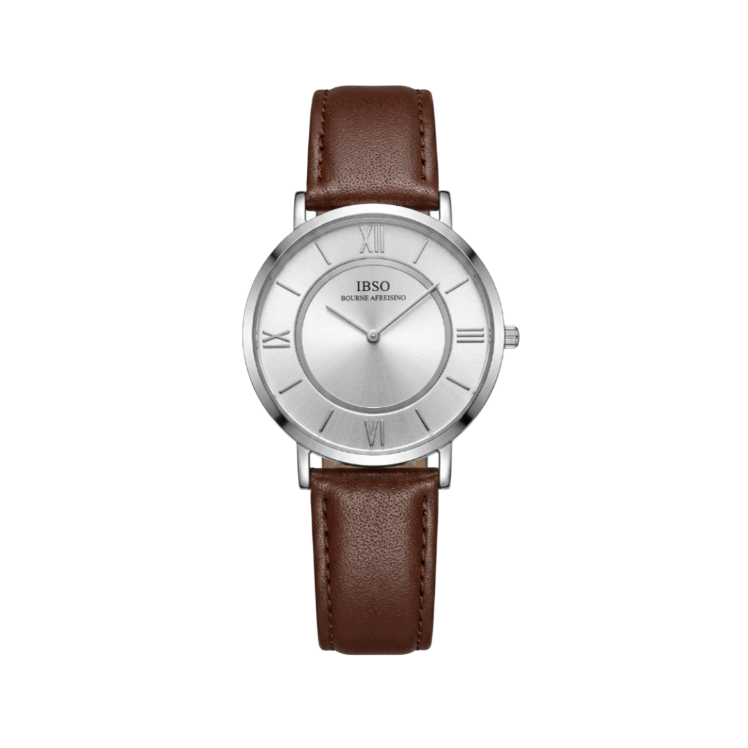 IBSO Classic Roman Numeral Watch – Silver Sunray Dial with Dark Brown Leather Strap