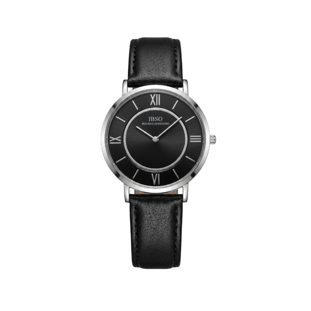 IBSO Elegant All-Black Watch – Roman Numeral Dial with Premium Black Leather Strap