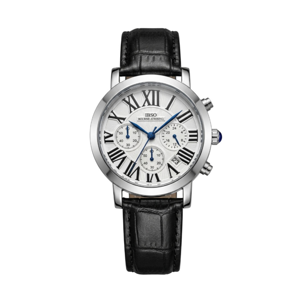IBSO Luxury Chronograph Men's Watch – White Guilloché Dial with Black Crocodile Leather Strap
