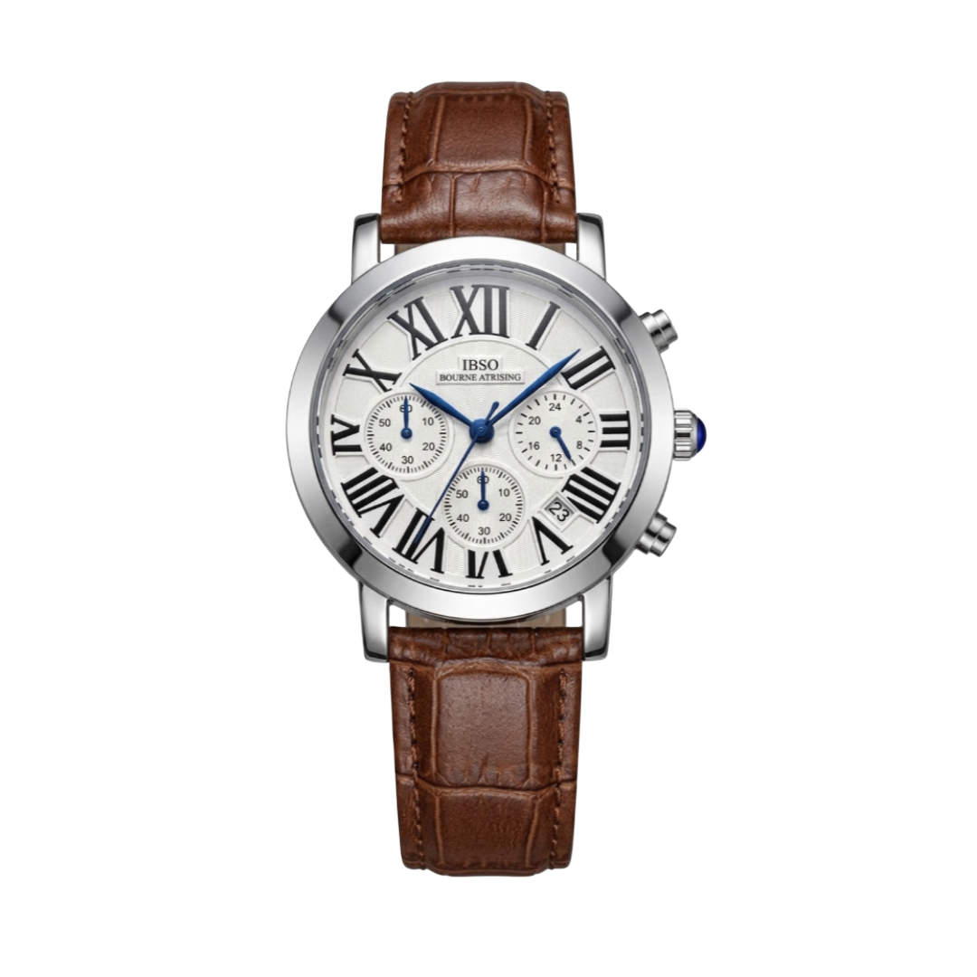 IBSO Luxury Chronograph Men's Watch – Silver Case with Dark Brown Crocodile Leather Strap
