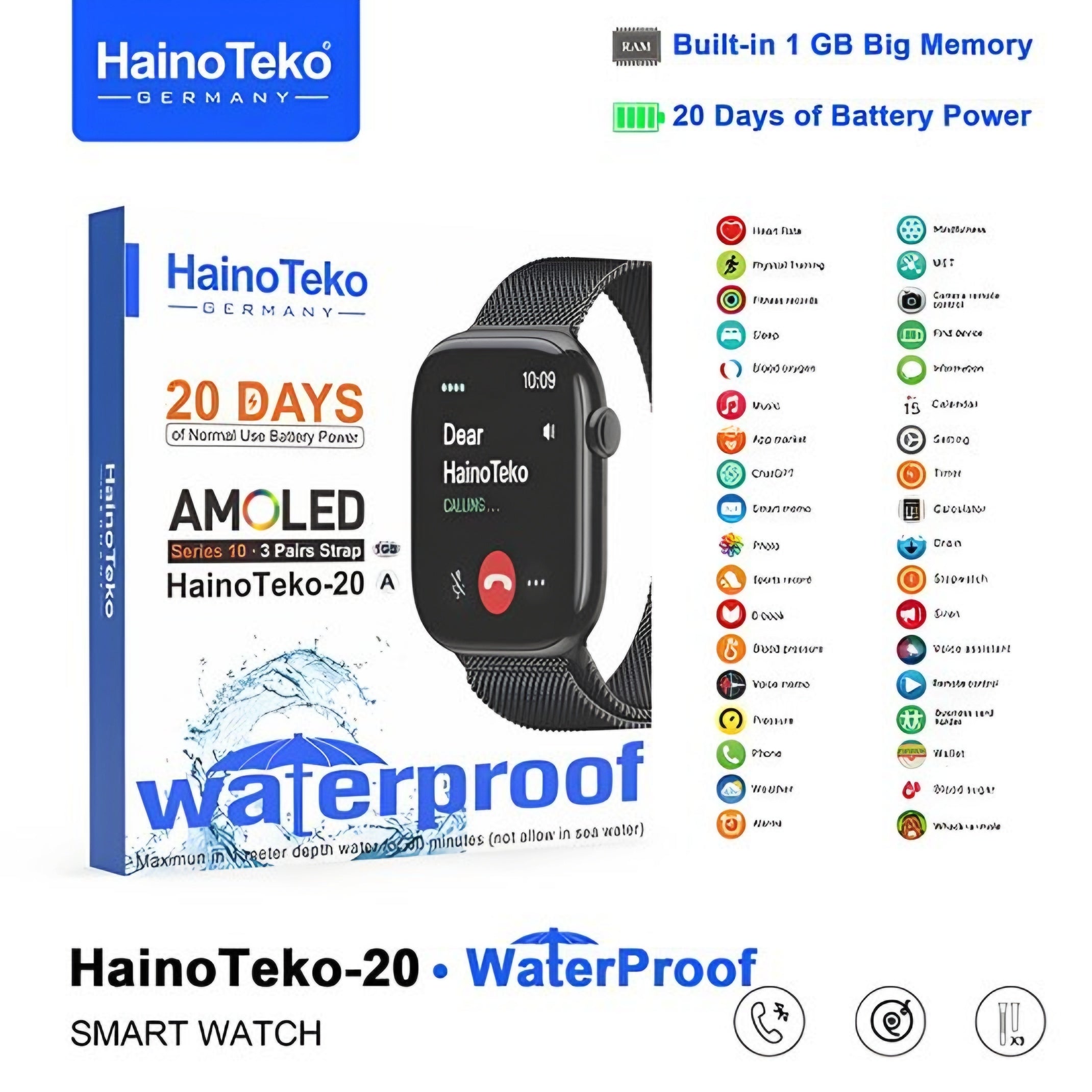 Haino Teko Smart Watch | Black Braided Loop, Fitness & Health Tracker