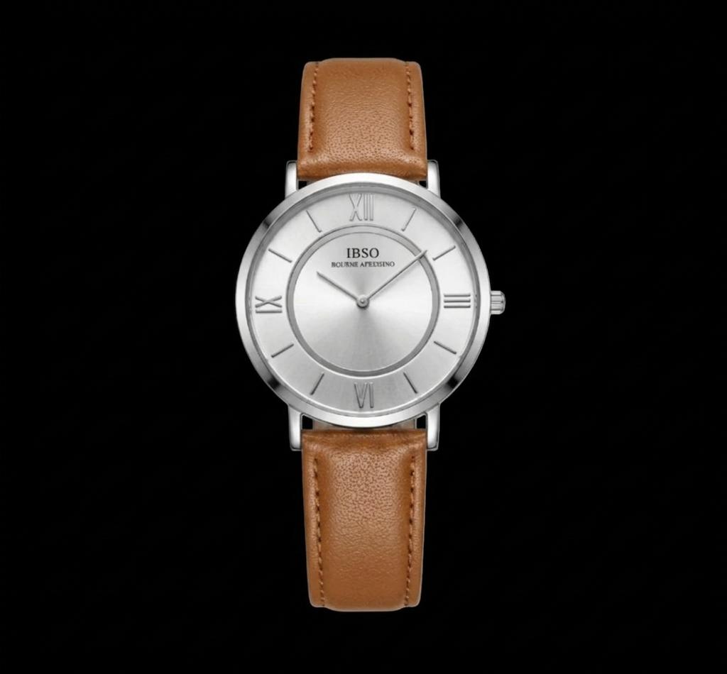 Minimalist Men's Quartz Watch – Silver Sunray Dial & Brown Leather Strap
