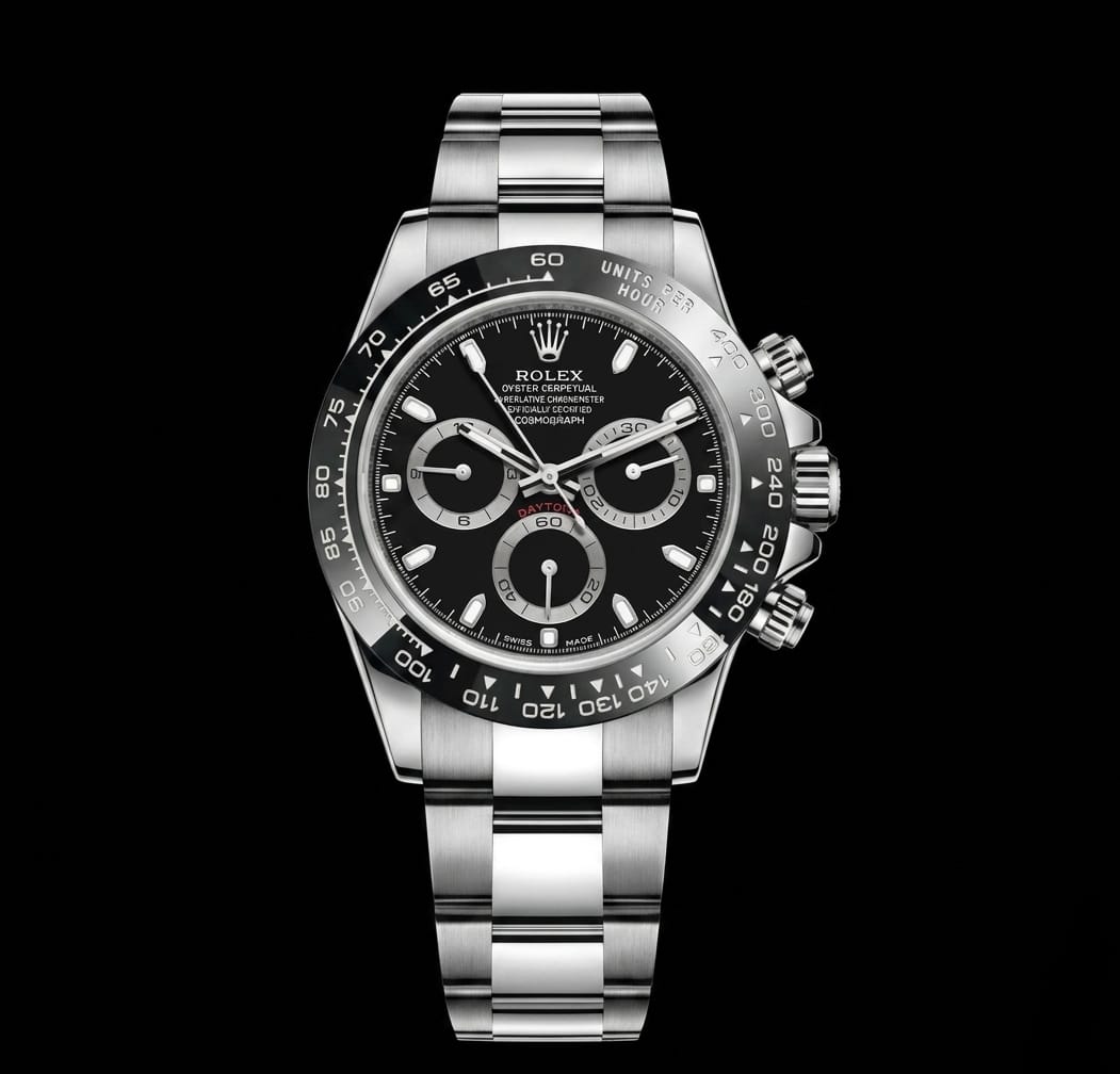 Luxury Silver Stainless Steel Chronograph Watch with Black Racing Dial